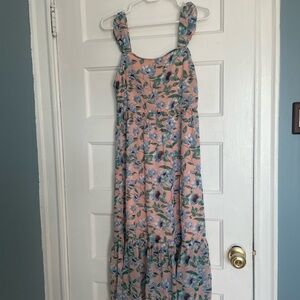 Floral Pink and Blue Tea Length Dress with Ruffle Straps